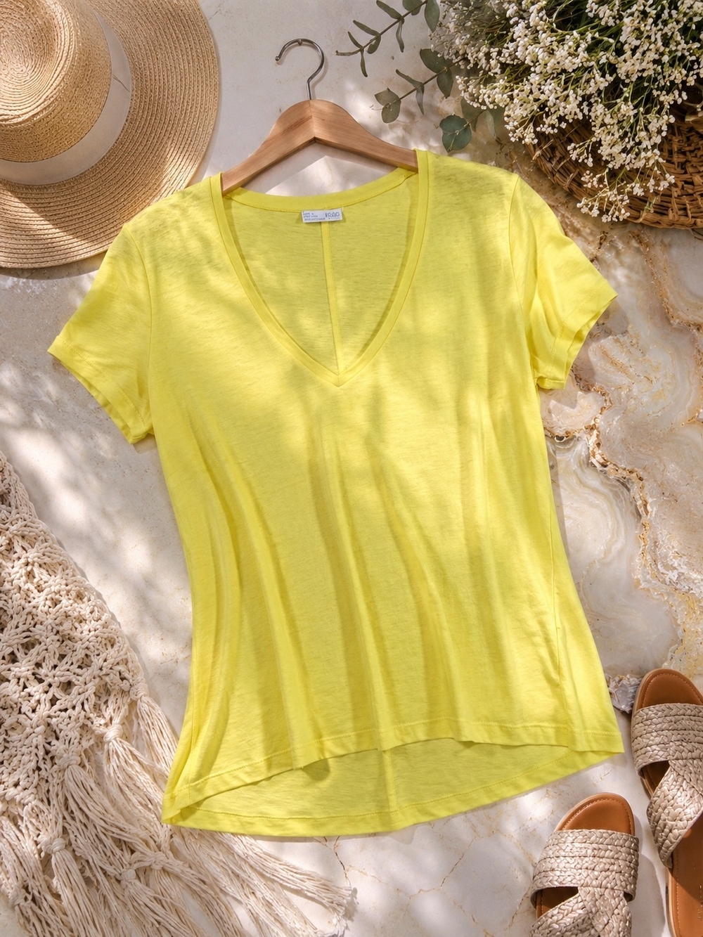 Zara Collection Yellow V-Neck High Low Tee Women's Medium Lightweight Top